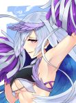  1girl armpits blush breasts cheerleader crop_top crop_top_overhang erect_nipples fate/grand_order fate_(series) from_side highres lancer_(fate/prototype_fragments) looking_at_viewer looking_to_the_side medium_breasts parted_lips pink_eyes pom_poms profile silver_hair smile solo under_boob upper_body winged_hair_ornament yorei_(death0813) 