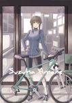  1girl amane_suzuha bicycle bike_shorts birthday braid breasts brown_hair character_name converse dated door full_body green_eyes ground_vehicle hand_on_hip jacket long_sleeves medium_breasts shirotaro shoes short_hair smile sneakers socks solo standing steins;gate television turtleneck twin_braids 
