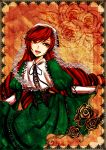  1girl arika brown_hair corset dress floral_background floral_print framed_image frills gothic_lolita green_dress green_eyes headpiece heterochromia holding_dress lolita_fashion long_hair open_mouth puffy_sleeves red_eyes rozen_maiden smile solo suiseiseki 