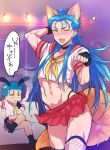  2boys anger_vein animal_ears black_legwear blue_hair blush bunny_tail cu_chulainn_(fate/grand_order) dual_persona earrings fang fate/grand_order fate_(series) fingerless_gloves fishnet_legwear fishnets fox_ears fox_tail gloves highleg highleg_panties jewelry lancer long_hair looking_at_viewer male_focus multiple_boys open_mouth panties paw_pose rabbit_ears red_eyes tail thigh-highs underwear yami_no_naka 