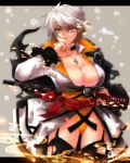  10s 1girl breasts cleavage collarbone cowboy_shot jewelry large_breasts long_sleeves looking_at_viewer miyabi_(senran_kagura) necklace parted_lips putimaxi sash senran_kagura senran_kagura_(series) senran_kagura_shinovi_versus short_hair solo white_hair yellow_eyes 