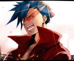  &gt;:d :d artist_name asymmetrical_bangs bangs blue_hair isshiki_(ffmania7) jacket kamina kamina_shades lens_flare letterboxed male_focus open_clothes open_jacket open_mouth red_eyes red_jacket signature smile solo sunglasses teeth tengen_toppa_gurren_lagann twitter_username 