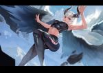  1girl armpits blue_eyes clouds flying horns lips midriff mountain navel ray_(nagaseray) silver_hair skin_tight sky solo tower wings zipper 