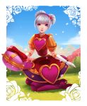 1girl absurdres alternate_costume alternate_hair_color blue_sky bush clouds day doll_joints double_bun full_body grass hairband heartseeker_orianna highres kneeling league_of_legends looking_at_viewer orianna_reveck sky solo violet_eyes white_hair 