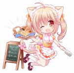  1girl ;d ahoge animal_ears apron basket black_footwear blush bow bread brown_eyes cat_ears cat_girl cat_tail chibi commentary_request croissant eyebrows_visible_through_hair fang food frilled_apron frilled_legwear frilled_skirt frills hair_between_eyes hair_ornament hair_ribbon hairclip head_tilt holding holding_basket kneehighs light_brown_hair long_hair looking_at_viewer maid_headdress one_eye_closed open_mouth orange_ribbon orange_shirt orange_skirt original pink_bow plaid puffy_short_sleeves puffy_sleeves ribbon sandwich shikito shirt shoes short_sleeves sidelocks sign skirt smile solo tail tail_bow tongs twintails waist_apron waitress white_apron white_background white_legwear wrist_cuffs 