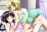  10s 2girls absurdres akatsuki_kirika ass bare_shoulders bed black_hair blonde_hair blush breasts camisole chemise collarbone frills from_behind green_eyes hair_ornament highres indoors kitagawa_daisuke long_hair looking_at_viewer looking_back lying megami multiple_girls navel official_art on_back on_bed on_person open_mouth pajamas parted_lips pink_eyes senki_zesshou_symphogear shiny shiny_hair short_hair small_breasts strap_slip surprised teeth tsukuyomi_shirabe twintails x_hair_ornament yuri 