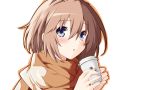  1girl blanc blue_eyes blush brown_hair coffee cup holding holding_cup iwasi-r looking_at_viewer neptune_(series) scarf short_hair solo 