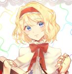  1girl alice_margatroid blonde_hair blue_eyes blush bow bowtie capelet commentary_request hairband konnyaku_(yuukachan_51) lolita_hairband looking_at_viewer parted_lips puppet_rings red_bow red_bowtie short_hair smile solo touhou upper_body 