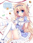  1girl :d animal_ears argyle blonde_hair blue_bow blue_eyes blue_footwear blue_ribbon blue_skirt blush bow breasts candy_wrapper cat_ears cat_girl cat_tail checkerboard_cookie cleavage collar commentary_request cookie fingernails food frilled_collar frilled_shirt frilled_skirt frilled_sleeves frills hair_ribbon heart layered_skirt long_hair looking_at_viewer macaron medium_breasts mismatched_legwear open_mouth original panties print_legwear puffy_short_sleeves puffy_sleeves red_ribbon ribbon shikito shirt shoes short_sleeves sitting skirt smile solo sparkle striped striped_legwear striped_panties tail thigh-highs underwear very_long_hair white_legwear wrist_cuffs 