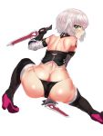 1girl absurdres ass assassin_of_black back bandage bandaged_arm bare_shoulders black_legwear black_panties blush dimples_of_venus dual_wielding eyebrows_visible_through_hair fate/apocrypha fate_(series) from_behind gloves green_eyes high_heels highres knife lips looking_at_viewer looking_back open_mouth panties scar short_hair shoulder_blades shoulder_tattoo silver_hair skindentation solo squatting suisogenshi tattoo thigh-highs thighs underwear weapon white_background 