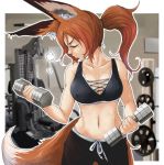  1girl animal_ears bare_shoulders blurry blurry_background blush breasts brown_hair closed_eyes collarbone commentary_request cowboy_shot depth_of_field doitsuken dumbbell eyebrows_visible_through_hair fox_ears fox_girl fox_tail gym gym_shorts heavy_breathing highres indoors large_breasts long_hair midriff mole mole_under_eye navel original parted_lips ponytail profile shorts solo sports_bra standing sweat tail 