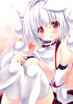  1girl animal_ears bare_shoulders blush breasts cleavage detached_sleeves hikanyan inubashiri_momiji looking_at_viewer medium_breasts open_mouth pom_pom_(clothes) red_eyes short_hair silver_hair solo tail thigh-highs touhou under_boob white_legwear wide_sleeves wolf_ears wolf_tail 