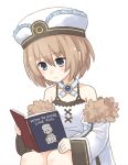  1girl bare_shoulders blanc blue_eyes book brown_hair hat holding holding_book neptune_(series) open_book reading short_hair solo source_request 