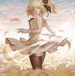  1girl absurdres artoria_pendragon_(all) bangs bare_shoulders black_legwear blonde_hair breasts dress fate/stay_night fate/unlimited_codes fate_(series) field flower flower_field from_behind gloves green_eyes hair_ribbon highres holding holding_sword holding_weapon long_hair looking_at_viewer looking_back medium_breasts pantyhose ribbon saber_lily solo sword tollrin-senpai weapon white_dress white_gloves 