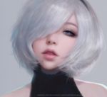  1girl artist_name artstation_username bare_shoulders black_dress black_hairband blue_eyes breasts dress hair_over_one_eye hairband large_breasts looking_at_viewer mole mole_under_mouth nier_(series) nier_automata parted_lips portrait ruoxin_zhang solo white_hair yorha_no._2_type_b 