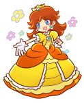 1girl :d blue_eyes blush_stickers brown_hair crown dress earrings flower flower_earrings fukumitsu_(kirarirorustar) gloves hand_on_hip jewelry long_dress long_hair open_mouth orange_dress outstretched_arm princess_daisy puffy_short_sleeves puffy_sleeves puyopuyo short_sleeves smile solo super_mario_bros. white_background