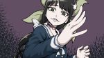  1girl black_hair bright_pupils chabashira_tenko choker dangan_ronpa disgust fighting_stance green_eyes hair_ribbon long_hair looking_at_viewer mole mole_under_mouth new_dangan_ronpa_v3 purple_background ribbon school_uniform serafuku simple_background slit_pupils twintails upper_body yajirushi_(chanoma) 