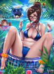  &gt;:3 2girls :3 animal_print anklet artist_name bag barefoot beach bikini black-framed_eyewear blue_bikini blue_nails blue_shirt blue_sky bow_bikini bracelet breasts brown_eyes brown_hair bunny_print chibi choker collarbone crotch d.va_(gremlin) d.va_(overwatch) day doritos drone facepaint facial_mark floating flower food food_on_face full_body glasses hair_bun hair_ornament hair_stick headphones highres innertube javier_estrada jewelry large_breasts long_hair looking_at_viewer mei_(overwatch) mountain_dew multiple_girls nail_polish navel ocean outdoors overwatch palm_tree parted_lips pendant pink_lips pink_rose popsicle robot rose shirt short_hair signature sitting sky snowball_(overwatch) snowflake_hair_ornament solo_focus spread_legs string_bikini swimsuit t-shirt toenail_polish toes tree tree_branch watermark web_address whisker_markings 