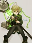  1boy ahoge belt black_legwear blonde_hair boots chains character_name closed_mouth commentary_request cravat eyebrows_visible_through_hair glowing green_eyes green_jacket grey_background hair_between_eyes highres holding holding_staff jacket long_sleeves looking_at_viewer magic male_focus pinocchio_(sinoalice) sako_(user_ndpz5754) simple_background sinoalice sitting solo staff thigh-highs 