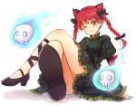  1girl ;) animal_ears bangs black_bow blush bow braid cat_ears closed_mouth commentary_request dress extra_ears foreshortening full_body green_dress hair_bow juliet_sleeves kaenbyou_rin konnyaku_(yuukachan_51) legs_crossed long_sleeves looking_at_viewer one_eye_closed puffy_sleeves red_eyes redhead sitting skull smile solo touhou twin_braids 