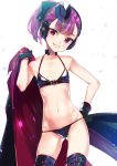  1girl artist_name bangs bikini black_bikini black_gloves blunt_bangs bow contrapposto cowboy_shot dated eyebrows_visible_through_hair fate/grand_order fate_(series) flat_chest garrison_cap gloves gluteal_fold grin hair_bow halterneck hand_on_hip hand_up hat headphones helena_blavatsky_(fate/grand_order) helena_blavatsky_(swimsuit_archer)_(fate) highres jacket_over_shoulder koruri looking_at_viewer navel parted_lips ponytail purple_hair simple_background smile solo standing string_bikini swimsuit thigh-highs thighs twitter_username violet_eyes white_background 