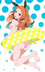  1girl ass barefoot bikini brown_hair feet hairband haseneko highres idolmaster innertube long_hair looking_at_viewer looking_back minase_iori open_mouth pink_bikini polka_dot polka_dot_background polka_dot_innertube red_eyes solo swimsuit 