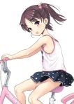  1girl :d armpits bare_arms bare_shoulders bicycle black_skirt blush brown_hair child clothes_writing eyebrows_visible_through_hair from_side ground_vehicle hair_ornament heart heart_hair_ornament heart_print jiji looking_at_viewer looking_to_the_side miniskirt open_mouth original short_hair simple_background sitting skirt sleeveless smile solo tank_top tareme thighs two_side_up violet_eyes white_background 