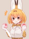  /\/\/\ 1girl :| animal_ears bangs bare_shoulders batta_(ijigen_debris) blonde_hair blush bow bowtie closed_mouth commentary_request elbow_gloves eyebrows_visible_through_hair food food_on_face gloves grey_background holding holding_food japari_bun kemono_friends looking_at_viewer serval_(kemono_friends) serval_ears serval_print shirt short_hair simple_background solo sweat white_shirt 