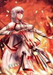  1girl absurdres altera_(fate) bangs bare_shoulders blurry breasts cowboy_shot dark_skin depth_of_field detached_sleeves fate/extella fate/extra fate_(series) highres holding holding_sword holding_weapon huihui_(d0250028020) long_sleeves looking_away medium_breasts midriff navel parted_lips red_eyes short_hair solo sword tattoo veil weapon white_hair 