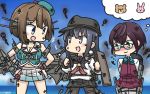  2017 3girls :3 akatsuki_(kantai_collection) artist_name bear beret black_gloves black_hair black_hat black_sailor_collar black_skirt blue-framed_eyewear blue_eyes blue_sky bow bowtie brown_hair commentary_request cowboy_shot dated glasses gloves green_eyes green_hat grey_legwear hair_ornament hairclip hamu_koutarou hat highres horizon implied_pantyshot kantai_collection long_hair machinery maya_(kantai_collection) multicolored_hair multiple_girls okinami_(kantai_collection) pantyhose pink_hair pleated_skirt rabbit remodel_(kantai_collection) rigging school_uniform serafuku shirt short_hair skirt sky smoke standing torn_clothes white_shirt white_skirt x_hair_ornament 