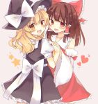  &gt;:d 2girls :d ascot blonde_hair blush bow brown_hair detached_sleeves fang hair_bow hair_tubes hakurei_reimu hand_holding hat heart highres interlocked_fingers kirisame_marisa large_bow long_hair looking_at_viewer multiple_girls open_mouth rbtt red_eyes skirt skirt_set smile sparkle star touhou tsurime vest witch_hat yellow_ascot yellow_eyes yuri 