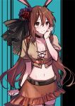  1girl animal_ears blush breasts brown_eyes brown_hair bunny_girl cleavage commentary_request ecru navel rabbit_ears ribbon rwby solo velvet_scarlatina 