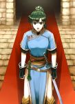  1girl black_gloves breasts cowboy_shot delsaber dress earrings fingerless_gloves fire_emblem fire_emblem:_rekka_no_ken gloves green_eyes green_hair jewelry katana long_hair looking_at_viewer lyndis_(fire_emblem) medium_breasts open_mouth pelvic_curtain ponytail red_carpet sash scabbard sheath sheathed short_sleeves solo stone_floor sword very_long_hair weapon 