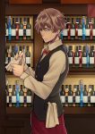  1boy absurdres alcohol bartender bottle brown_hair glass green_eyes highres huakuiliehuo pocket solo standing 