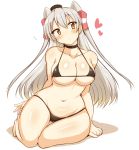  1girl :o amatsukaze_(kantai_collection) bikini black_bikini black_neckwear blush breasts brown_eyes choker hair_tubes heart highres kantai_collection large_breasts long_hair looking_to_the_side navel simple_background sitting solo swimsuit wedge white_background 