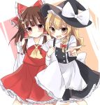  &gt;:d 2girls :d arm_hug ascot bare_shoulders blush bow braid brown_hair detached_sleeves expressionless fang hair_bow hair_ornament hair_tubes hakurei_reimu headwear_switch highres implied_yuri kirisame_marisa large_bow long_hair multiple_girls open_mouth pointing pointing_at_viewer rbtt red_eyes single_braid smile star star_hair_ornament touhou wavy_hair yellow_eyes 