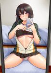  1girl absurdres bed black_bra black_skirt blue_eyes blush bra breasts brown_hair cellphone closed_mouth commentary_request erect_nipples hayasui_(kantai_collection) head_tilt highres holding holding_phone indoors jacket kantai_collection kneehighs legs_apart lips looking_at_viewer medium_breasts microskirt mirror mizuse_kouichi navel panties pantyshot pantyshot_(sitting) partially_unzipped phone pleated_skirt reflection self_shot shirt shirt_lift short_hair short_sleeves sitting skirt smartphone smile solo taking_picture thighs track_jacket under_boob underwear upskirt wariza white_legwear white_panties white_shirt zipper 