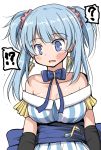 1girl bare_shoulders blue_eyes blue_hair blush breasts cleavage dress earrings jewelry long_hair medium_breasts open_mouth ribbon solo tsuzuri_(tuzuri) twintails upper_body 