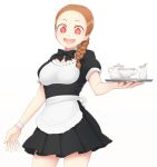  1girl :d apron bow bowtie braid brown_hair cowboy_shot cup long_hair looking_at_viewer maid open_mouth original red_eyes simple_background single_braid smile solo teacup tray waitress white_background yajirushi_(chanoma) 
