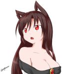  1girl animal_ears bangs bare_shoulders breasts brooch brown_hair cleavage imaizumi_kagerou jewelry large_breasts open_mouth red_eyes simple_background taurine_8000mg touhou twitter_username white_background wolf_ears 