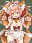  1girl animal_ears apron bell blush breasts cat_hair_ornament cleavage collar eyebrows_visible_through_hair fangs fate/grand_order fate_(series) fox_ears fox_tail frilled_hairband green_background hair_ornament highres kuune_rin large_breasts leg_garter long_hair looking_at_viewer open_mouth paws pink_hair signature solo tail tamamo_(fate)_(all) tamamo_cat_(fate) yellow_eyes 