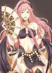  1girl bare_shoulders blush braid breasts fire_emblem fire_emblem:_kakusei fire_emblem_heroes gloves hairband hakirino highres jewelry long_hair looking_at_viewer midriff navel olivia_(fire_emblem) open_mouth pink_hair ponytail smile solo thigh-highs twin_braids 