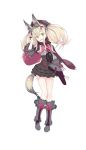 1girl animal_ears blonde_hair boots fake_animal_ears fakepucco formation_girls fur_boots green_eyes halloween_costume hand_in_hair highres hood hoodie isabelle_lancaster looking_at_viewer official_art short_eyebrows solo tail thick_eyebrows twintails wolf_ears wolf_tail 
