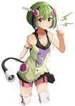 1girl android bike_shorts cowboy_shot dimension_w green_eyes green_hair headgear highres index_finger_raised jewelry lightning_bolt looking_at_viewer multicolored_hair necklace off_shoulder pekeponn short_hair shorts_under_dress smile solo streaked_hair tail two-tone_hair white_background yurizaki_mira 