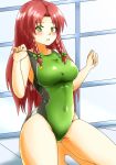  1girl absurdres adjusting_clothes adjusting_swimsuit braid breasts competition_swimsuit d-m_(dii_emu) green_eyes green_swimsuit highres hong_meiling long_hair no_hat no_headwear one-piece_swimsuit open_mouth redhead rei_no_pool smile solo squatting swimsuit touhou twin_braids 