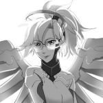  1girl armor bespectacled black-framed_eyewear black_gloves bodysuit breasts closed_mouth eyelashes glasses glint gloves hair_ornament hair_tie head_tilt headgear lips long_hair long_sleeves looking_at_viewer maro_(lij512) mechanical_halo mechanical_wings medium_breasts mercy_(overwatch) monochrome over-rim_glasses overwatch ponytail semi-rimless_glasses short_hair short_ponytail simple_background skin_tight smile solo spread_wings turtleneck upper_body white_background wings 