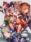  6+girls :3 :d ahoge animal_ears bangs bare_shoulders blonde_hair blue_eyes blue_hair breasts brown_eyes character_request cleavage closed_mouth commentary_request detached_sleeves double_bun eyebrows_visible_through_hair fang finger_to_mouth gauntlets green_hair grey_background grin hairband halo hand_on_own_chest hat highleg highleg_leotard highres hood_up horns large_breasts lee_hyeseung leotard long_sleeves looking_at_viewer multiple_girls navel official_art one_eye_closed open_mouth orange_eyes orange_hair redhead revealing_clothes shingeki_no_bahamut short_hair silver_hair simple_background small_breasts smile staff tabard w watermark 