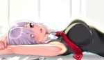  1girl armpits arms_up bangs bare_arms bed_sheet black-framed_eyewear breasts dated eyebrows_visible_through_hair eyes_visible_through_hair fate/grand_order fate_(series) glasses glasses_removed hair_over_one_eye indoors kojima_saya large_breasts lavender_hair lips looking_at_viewer lying necktie on_back open_mouth red_necktie shielder_(fate/grand_order) short_hair signature sleeveless smile solo violet_eyes wing_collar 