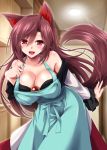  1girl :d animal_ears apron blush breasts brooch brown_hair cleavage commentary_request dress fingernails imaizumi_kagerou indoors jewelry long_hair long_sleeves looking_at_viewer nail_polish open_mouth red_eyes red_nails smile solo tail touhou wide_sleeves wolf_ears wolf_tail yamu_(reverse_noise) 