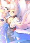  1girl animal_ears azur_lane black_wristband blue_eyes blurry blush breasts cleavage depth_of_field evening eyebrows_visible_through_hair foreshortening fox_ears fox_mask fox_tail highres holding holding_mask japanese_clothes kaga_(azur_lane) kyuubi large_breasts light_smile looking_at_viewer mask miniskirt multiple_tails ocean outdoors palm pleated_skirt short_hair skirt sky smile solo standing tail tatapopo white_hair wide_sleeves wristband 